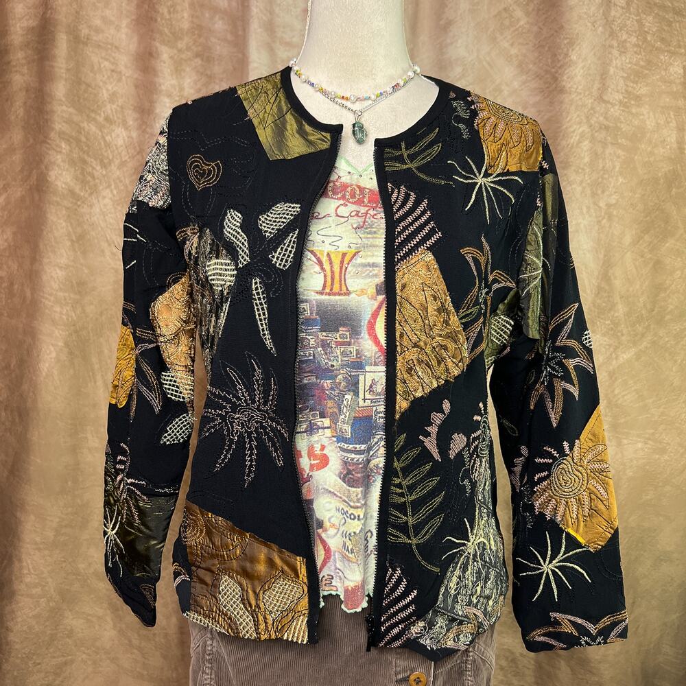 Vintage 90s Patchwork Jacket Embroidered Multicolor Zip Up Geometric Grunge Y2K